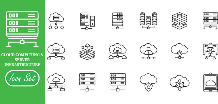 Cloud Server Infrastructure and User Access Icon Set: Database Management, Network Hierarchy, and Secure Web Hosting Solutions