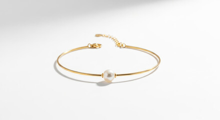 Gold bangle bracelet with a pearl on a white background