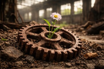 Fototapeta premium Flower Growing From Rusty Gear in Abandoned Industrial Setting Showing Nature Reclaiming a Man-Made Object
