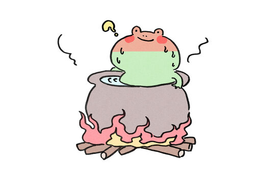 Sweating frog sitting in a pot of heating water, boiling frog syndrome concept