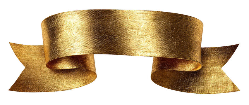 A realistic, three-dimensional golden ribbon with curled ends and a rough texture set against black