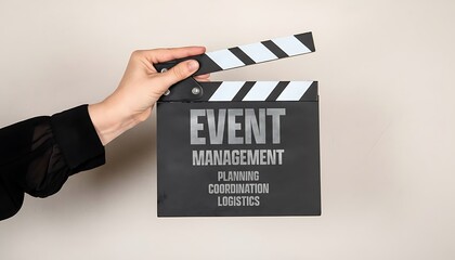 Obraz premium Clapperboard with event management text for planning, coordination and logistics concept, held by hand on neutral background featuring film slate, movie slate, video production with filmmaking and
