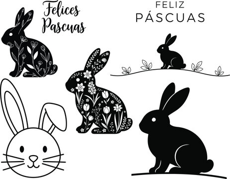 Felices Pascuas Spanish calligraphy happy easter Feliz Pascuas Lettering bundle vector illustration collection group set with spanish text, easter eggs and bunny ears Isolated on  background Print