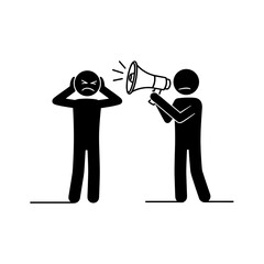 Angry person covering ears while another yells through a megaphone for advertising and social awareness campaigns