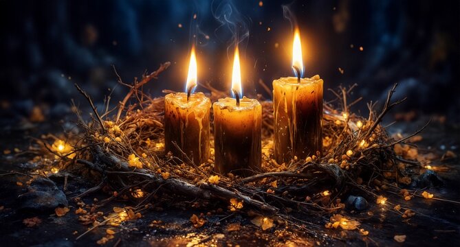 moody still life of three burning candles surrounded by autumn foliage.