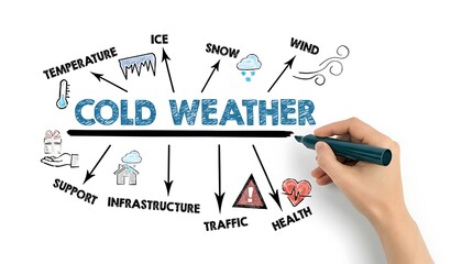 Cold weather infographic concept with hand drawing icons for temperature, ice, snow, wind, traffic, health and infrastructure featuring winter, mind map, diagram with climate and freezing elements