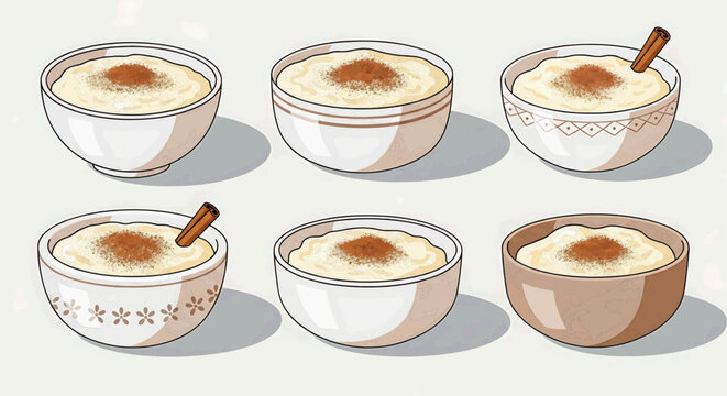 Set of six bowls filled with creamy rice pudding topped with cinnamon and a cinnamon stick