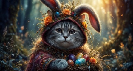 whimsical easter kitten with floral crown and colorful eggs in forest light