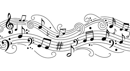 Black and White Musical Elements Flowing Banner Design