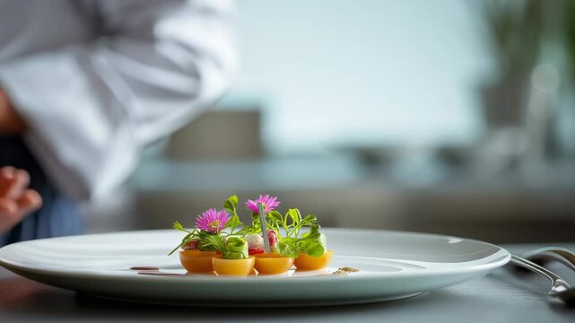 Chef carefully plating gourmet appetizer with microgreens and edible flowers on white dish