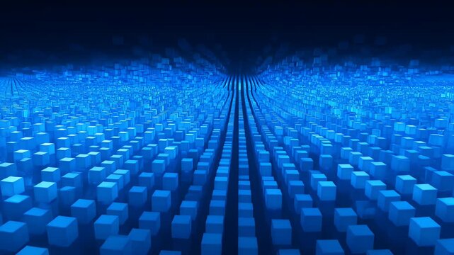 Geometric landscape of glowing blue cubes receding into a dark abyss