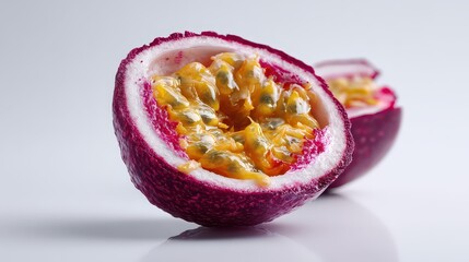 Halved Passion Fruit Revealing Juicy Pulp with Seeds on White Surface