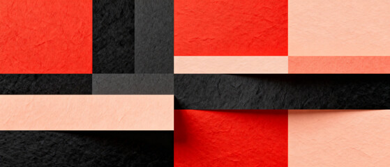 Fototapeta premium Abstract layered design with red, black, and peach paper textures, horizontal background 