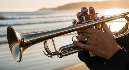Fototapeta premium Man playing trumpet on beach at sunset with ocean background 
