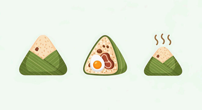 Stylized vector icons of three Asian sticky rice dumplings, illustrating plain, savory-filled, and hot steaming preparations, perfect for traditional food event designs