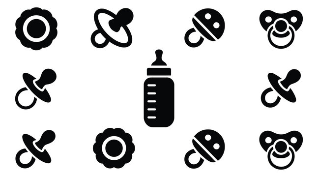 Baby pacifier, teether and bottle silhouette icon set