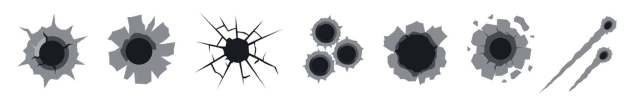 Bullet hole gun mark effects vector set.