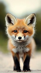 Fototapeta premium Curious Red Fox Cub Gazes at the Photographer, Capturing the Essence of Nature and Wildlife Beauty