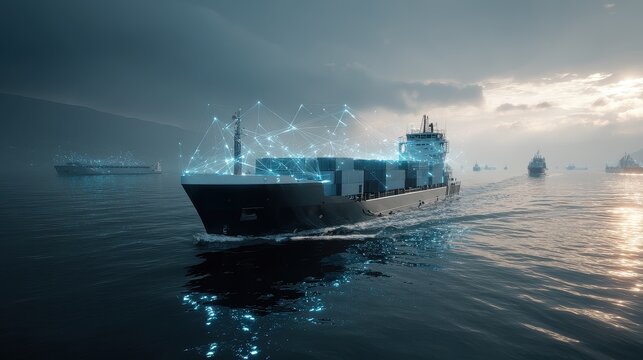 Autonomous cargo vessel navigating digital ocean network smart shipping logistics global trade connectivity maritime technology innovation cyber security risk efficiency optimization close up. 
