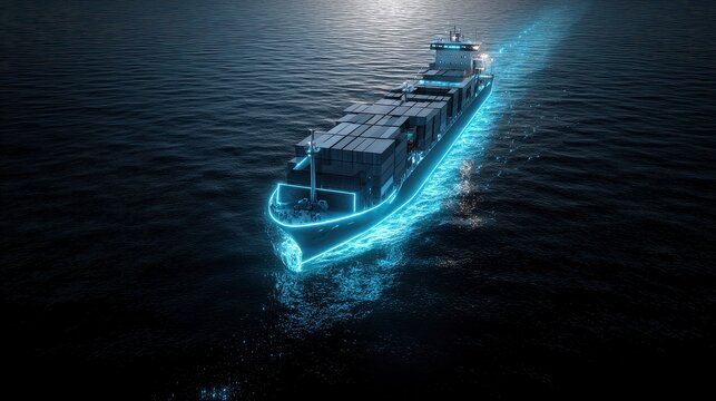 Autonomous cargo vessel navigating digital ocean network smart shipping logistics global trade connectivity maritime technology innovation cyber security risk efficiency optimization close up. 
