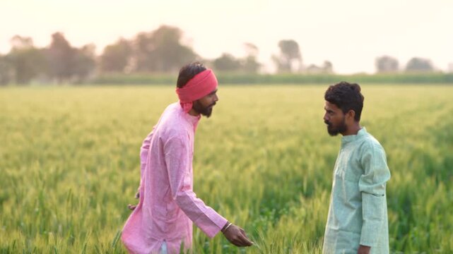 Two indian farmer standing at wheat agriculture field	