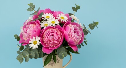 Stunning Fresh Flower Arrangement in a Vase with Pink Peonies, Daisies, and Eucalyptus Greens.