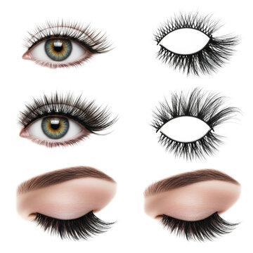 ultra photorealistic flat lay of diverse black false eyelashes (natural to dramatic) on transparent background, sharp focus, high contrast, no shadows. concept for cosmetic product advertising