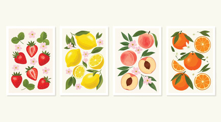 Obraz premium Collection of four fruit illustrations with leaves and flowers on white background