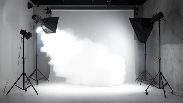 Thick white smoke cloud filling a professional photography studio with lights and white background backdrop