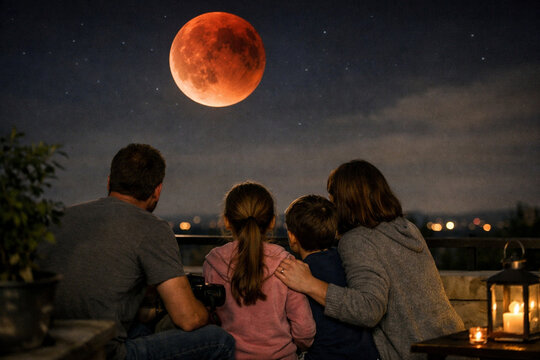 Family watching blood moon from rooftop terrace