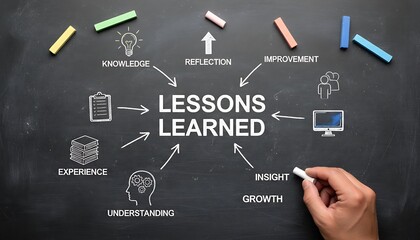 Lessons learned concept on chalkboard with hand writing, showing knowledge, reflection, improvement, insight and growth diagram featuring blackboard, education, learning with experience and