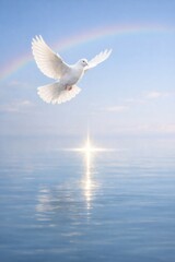 Fototapeta premium White dove flying above calm water with rainbow in sky and glowing light reflection, symbol of hope and peace