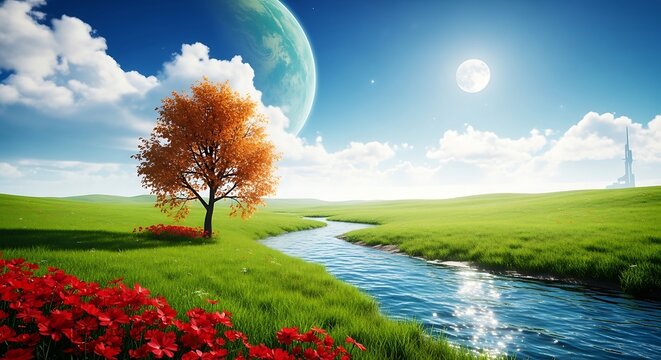 Beautiful landscape with tree river and flowers in green field under blue sky with moon and planet