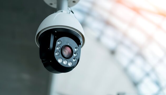Security camera dome CCTV surveillance system with infrared LEDs and blurred background for monitoring, safety and protection featuring night vision, crime prevention, deterrence with access control