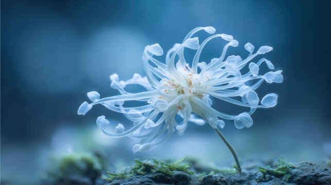 A delicate white sea anemone with flowing tentacles gracefully sways in a vibrant blue underwater marine environment.