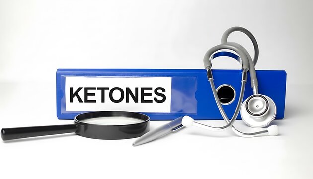 Ketones medical concept with binder label, stethoscope and magnifying glass, illustrating lab testing and metabolic health featuring ketosis, ketone bodies, ketone test with laboratory and
