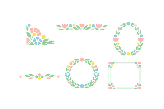 This set features six botanical design elements such as circular wreaths, horizontal borders, and corner ornaments in soft pastel colors against a solid black background.