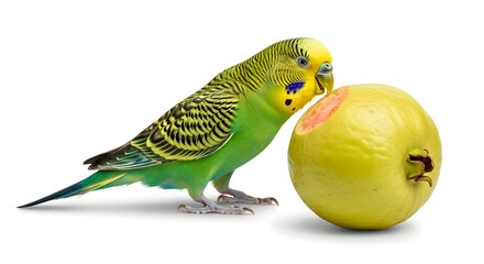 Fototapeta premium A green parakeet inspecting a yellow apple on a white background
