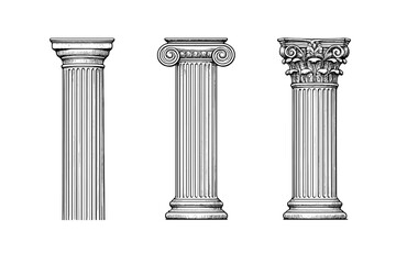A black and white illustration featuring three classical architectural columns: Doric, Ionic, and Corinthian. The detailed engravings are set against a solid black background.