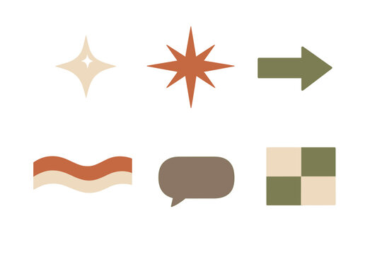 A collection of six retro graphic design elements including stars, an arrow, a wavy banner, a speech bubble, and a checkered pattern in a warm earth-toned color palette.