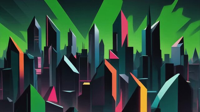 Abstract futuristic cityscape featuring sharp, crystalline skyscrapers under a vibrant green sky.