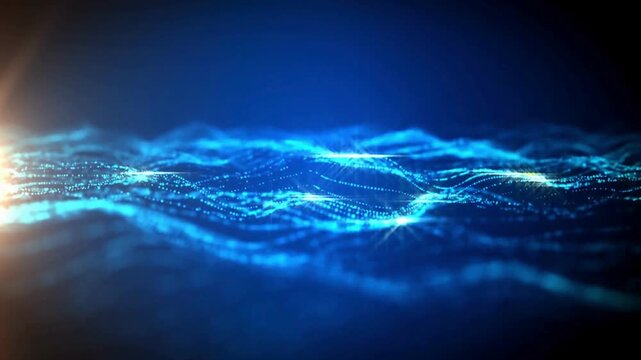 Abstract flowing blue data stream composed of particles and lines ideal for tech visuals on transparent background