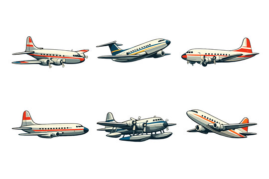 Six retro airplane illustrations are displayed on a solid black background. The set features various vintage aircraft designs including propeller planes, jets, and a seaplane.