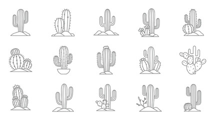 Fototapeta premium A collection of fifteen distinct desert cactus plant line art vector illustrations showcasing various shapes and forms