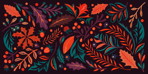 A vibrant stylized illustration of autumn leaves and berries on a dark background © Sourav