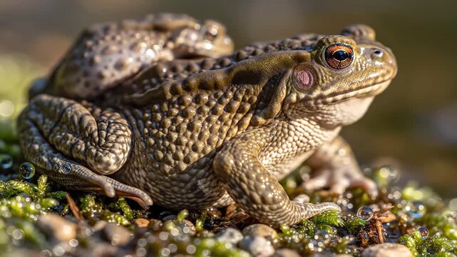 Two common toads mating on mossy ground in natural sunlight close up macro shot showing textured skin and details of amphibian reproduction in the wild.