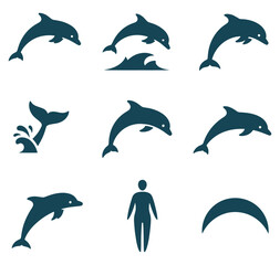 Obraz premium Dolphin silhouettes in various swimming poses and a human figure on white background