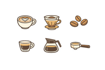 Obraz premium A collection of six coffee-themed icons featuring a latte with heart art, a pour-over dripper, coffee beans, an espresso cup, a glass carafe, and a portafilter on a black background.