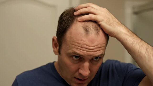 A man examines his receding hairline in a mirror, looking concerned. His hand is on his head, showcasing the thinning hair. He's wearing a blue shirt