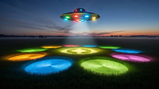 UFO hovers over a dark field, projecting colorful light patterns onto the grass in a mysterious alien encounter scene